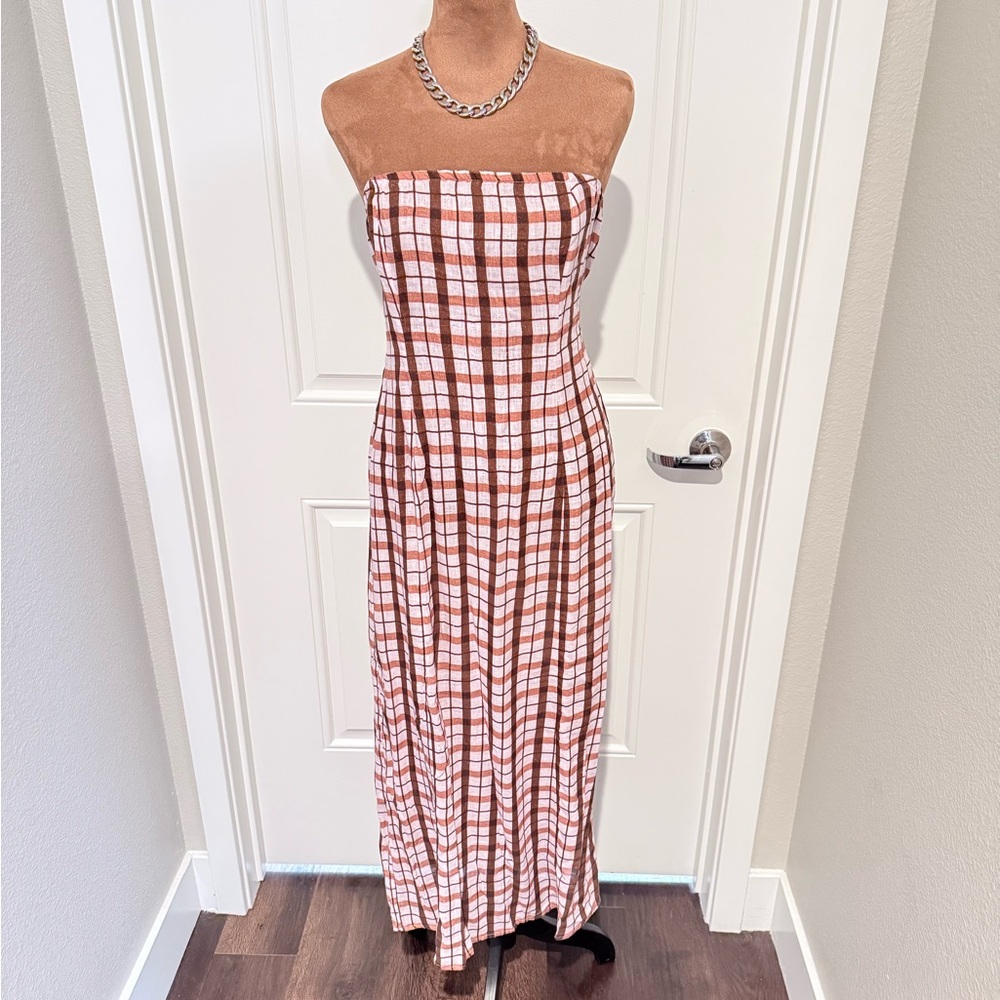 Anthropologie Smocked Strapless Maxi Dress Plaid Brown Pink Size S